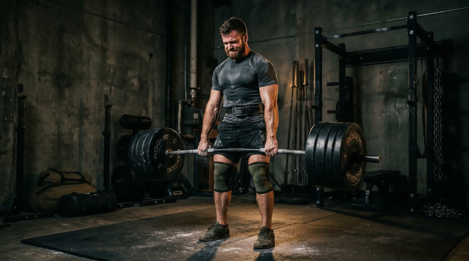 Tactical athlete performing heavy deadlift in a dark industrial gym