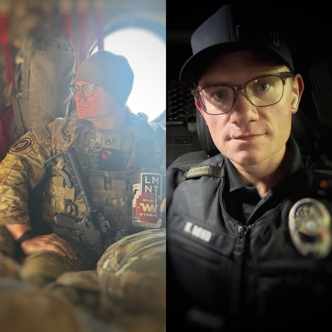 Michael Bond in Army uniform and as a Green River police officer